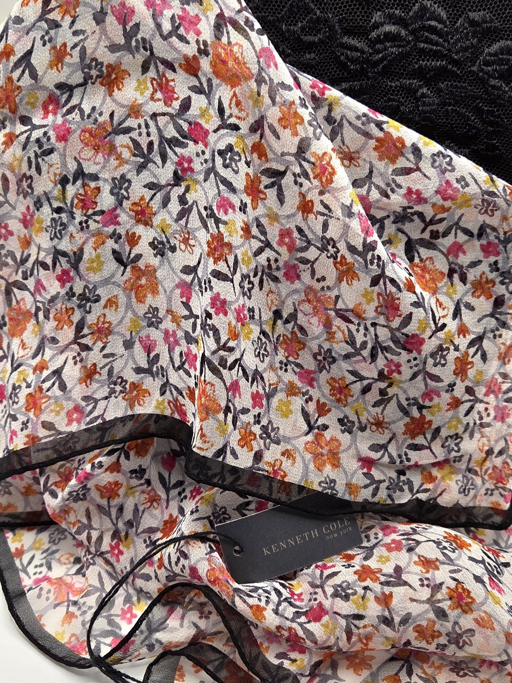 NWT Kenneth Cole New York Floral Scarf Sheer Chiffon Square Black Border